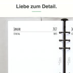 
Detail der A5-Kalendereinlage: Premiumpapier, Schnittkante und 6-fach-Lochung