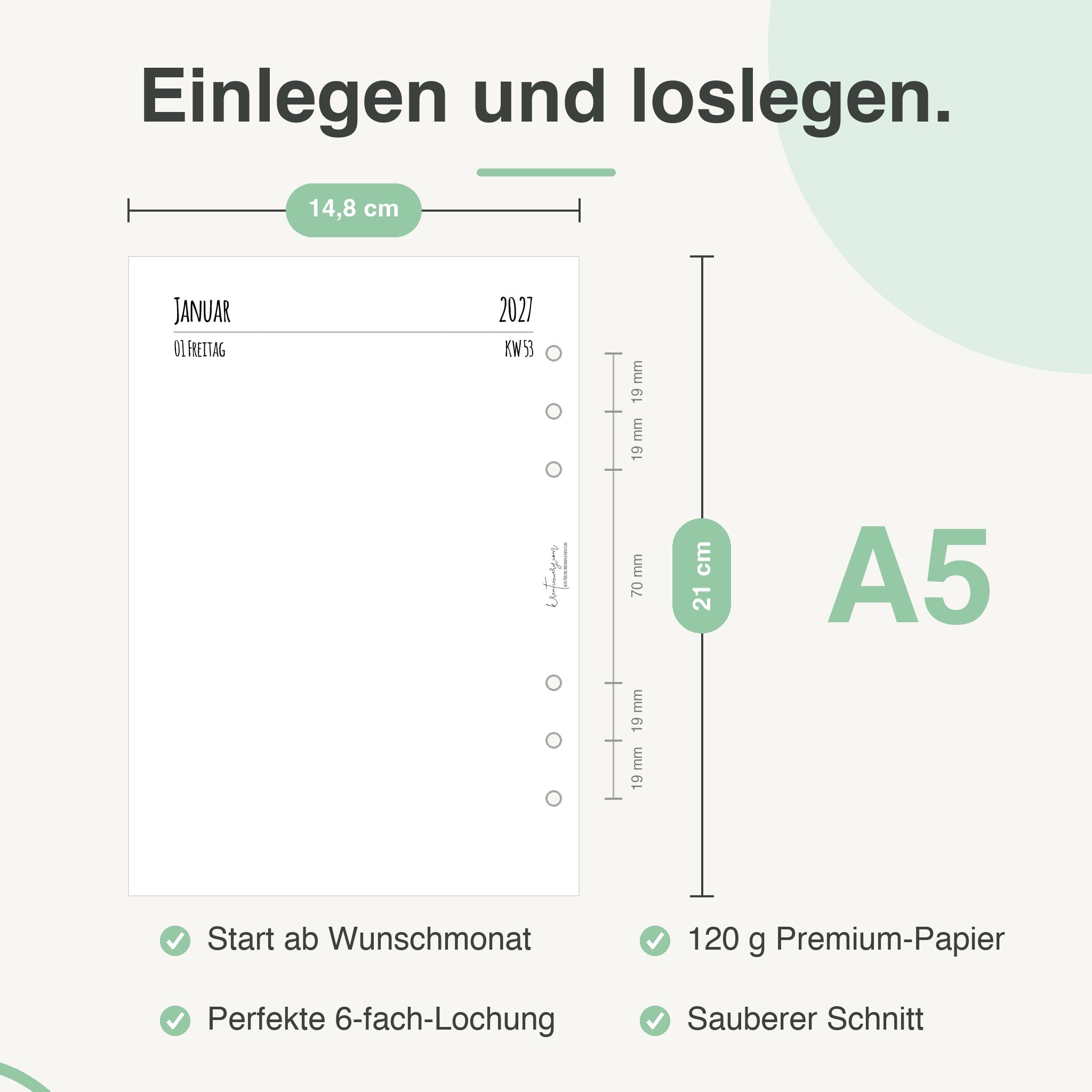 
Maße der A5-Kalendereinlage: 14,8 × 21 cm, 6-fach-Lochung – passend für Filofax und andere A5-Ringbücher