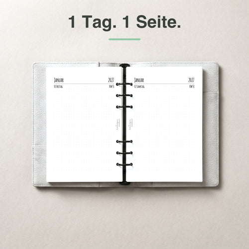 #groesse_a5 A5 Kalendereinlage 1 Tag auf 1 Seite, Dot Grid, im Ringbuch aufgeschlagen
