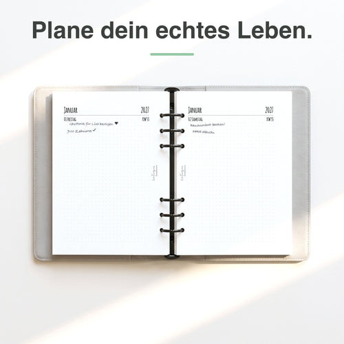 #groesse_a5 A5 Kalendereinlage 1 Tag auf 1 Seite Dot Grid, handschriftlich ausgefüllt