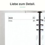 
Detail der A5-Kalendereinlage: Premiumpapier, Schnittkante und 6-fach-Lochung