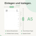 
Maße der A5-Kalendereinlage: 14,8 × 21 cm, 6-fach-Lochung – passend für Filofax und andere A5-Ringbücher