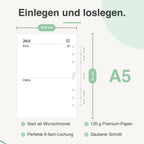 
Maße der A5-Kalendereinlage: 14,8 × 21 cm, 6-fach-Lochung – passend für Filofax und andere A5-Ringbücher