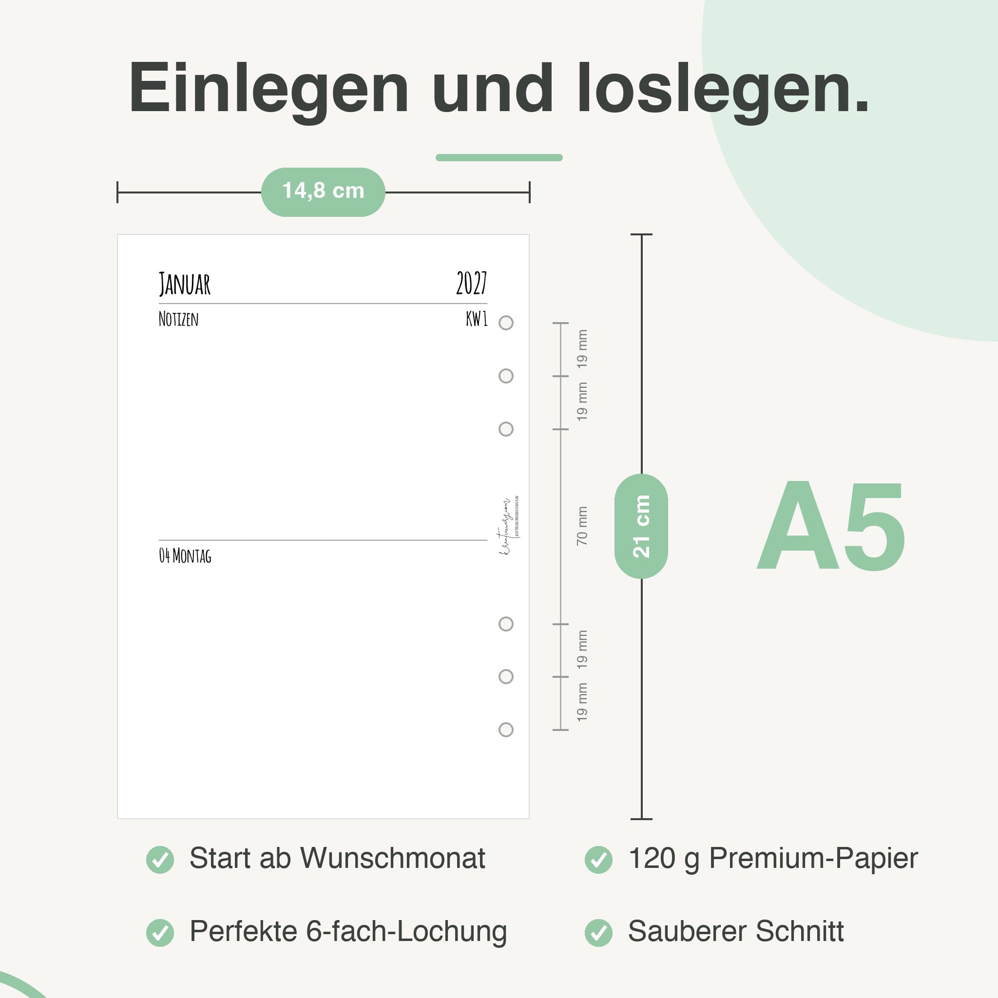 
Maße der A5-Kalendereinlage: 14,8 × 21 cm, 6-fach-Lochung – passend für Filofax und andere A5-Ringbücher