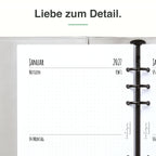 
Detail der A5-Kalendereinlage: Premiumpapier, Schnittkante und 6-fach-Lochung