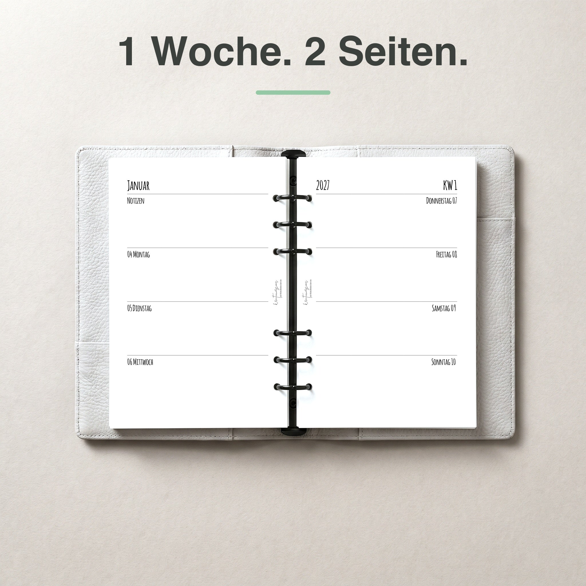 
A5 Kalendereinlage 1 Woche auf 2 Seiten, blanko, im Ringbuch aufgeschlagen (Notizen links)