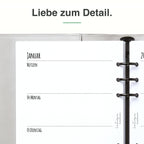 
Detail der A5-Kalendereinlage: Premiumpapier, Schnittkante und 6-fach-Lochung