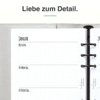 
Detail der A5-Kalendereinlage: Premiumpapier, Schnittkante und 6-fach-Lochung