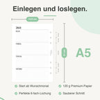 
Maße der A5-Kalendereinlage: 14,8 × 21 cm, 6-fach-Lochung – passend für Filofax und andere A5-Ringbücher