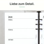 
Detail der A5-Kalendereinlage: Premiumpapier, Schnittkante und 6-fach-Lochung