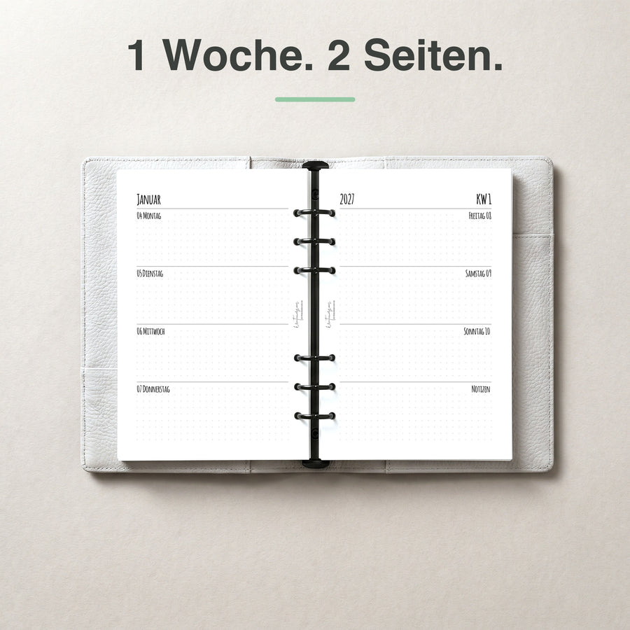 #groesse_a5 A5 Kalendereinlage 1 Woche auf 2 Seiten, Dot Grid, im Ringbuch aufgeschlagen (Notizen rechts)