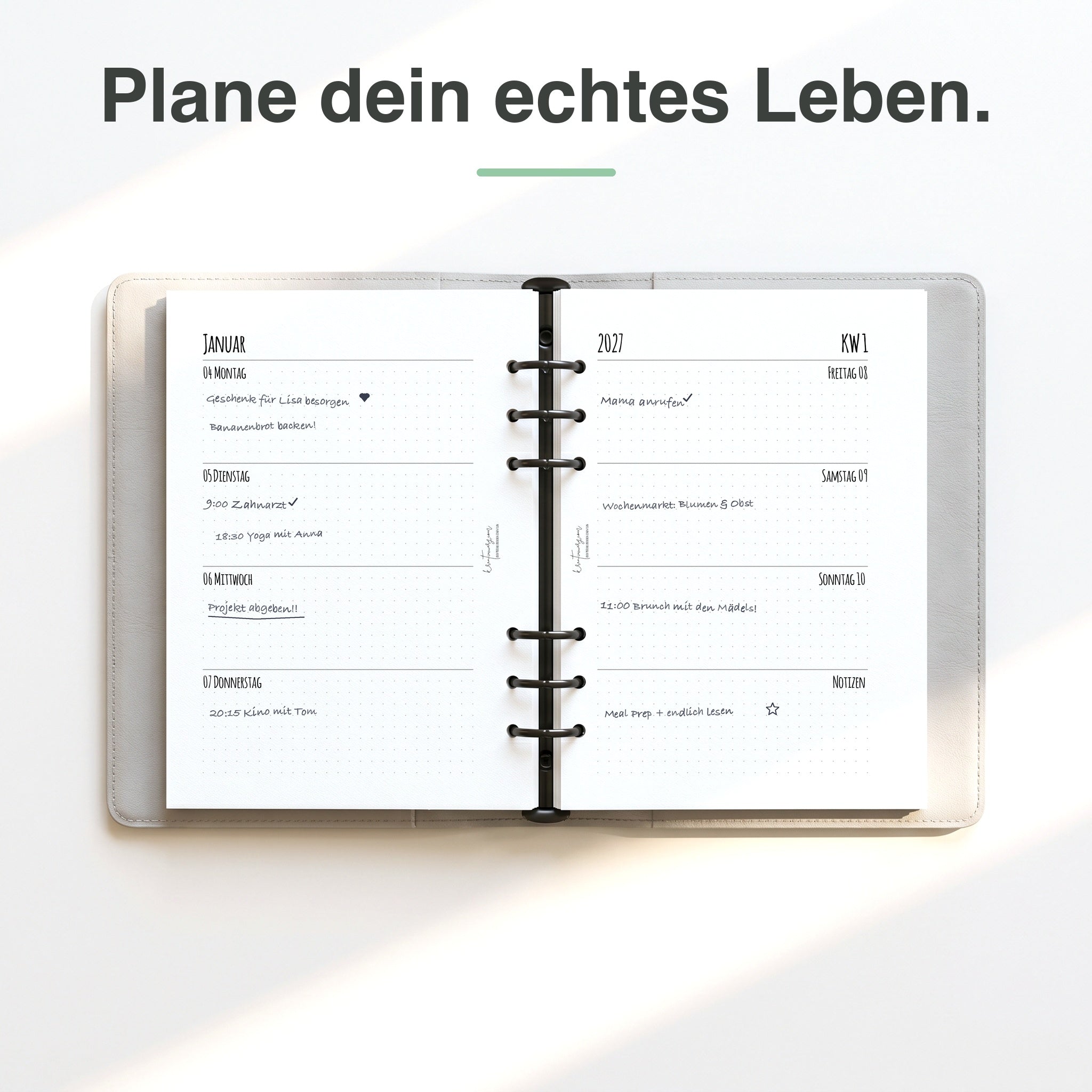 
A5 Kalendereinlage 1 Woche auf 2 Seiten Dot Grid, handschriftlich ausgefüllt