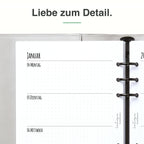 
Detail der A5-Kalendereinlage: Premiumpapier, Schnittkante und 6-fach-Lochung