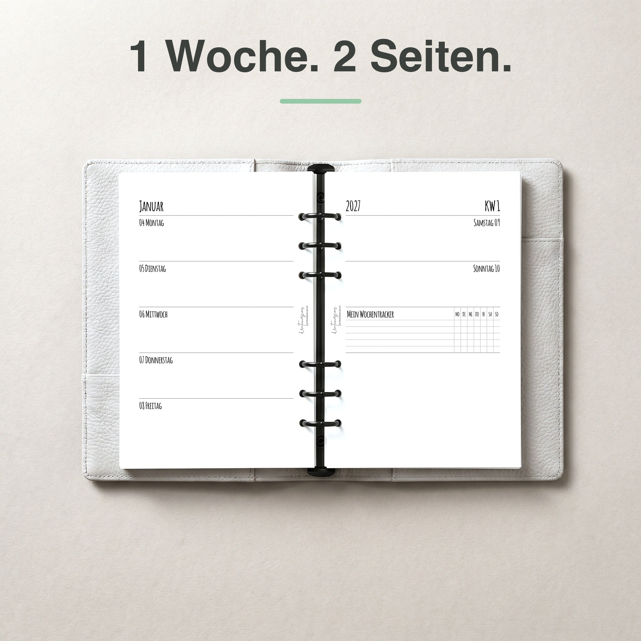 
A5 Kalendereinlage 1 Woche auf 2 Seiten, blanko, im Ringbuch aufgeschlagen (mit Wochen-Tracker)