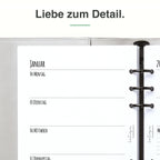 
Detail der A5-Kalendereinlage: Premiumpapier, Schnittkante und 6-fach-Lochung