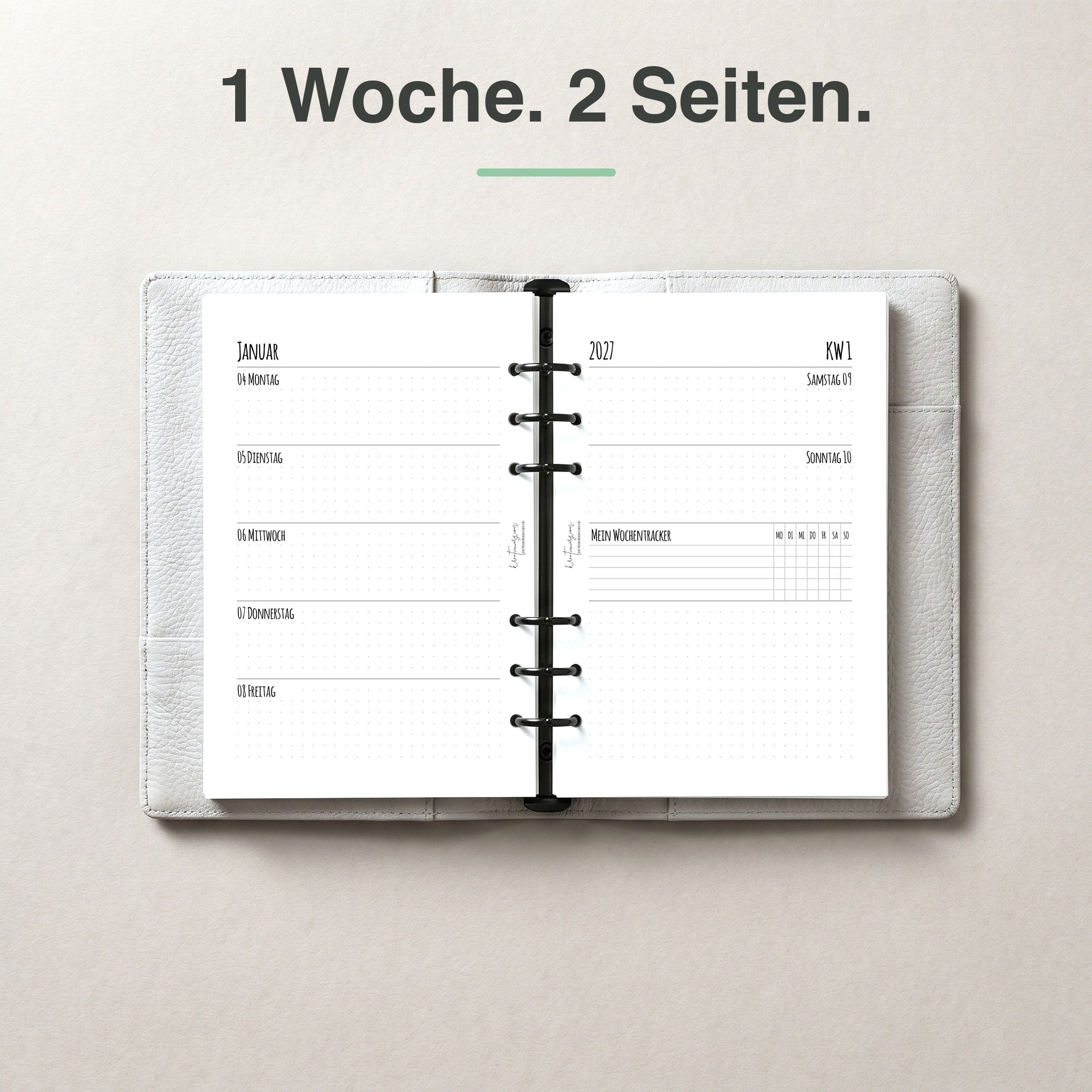 
A5 Kalendereinlage 1 Woche auf 2 Seiten, Dot Grid, im Ringbuch aufgeschlagen (mit Wochen-Tracker)