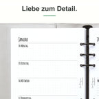 
Detail der A5-Kalendereinlage: Premiumpapier, Schnittkante und 6-fach-Lochung