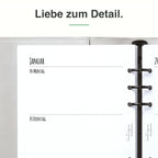 
Detail der A5-Kalendereinlage: Premiumpapier, Schnittkante und 6-fach-Lochung