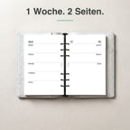
A5 Kalendereinlage 1 Woche auf 2 Seiten, blanko, im Ringbuch aufgeschlagen (Wochenende mit Notizfeld)