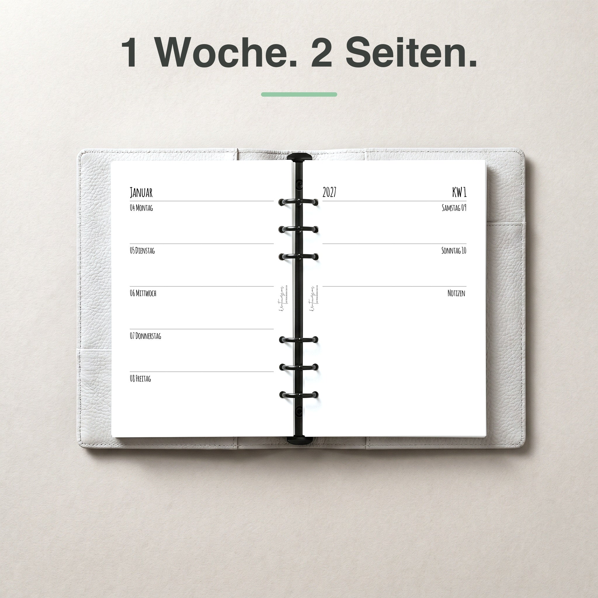
A5 Kalendereinlage 1 Woche auf 2 Seiten, blanko, im Ringbuch aufgeschlagen (Wochenende mit Notizfeld)