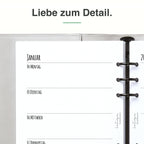 
Detail der A5-Kalendereinlage: Premiumpapier, Schnittkante und 6-fach-Lochung