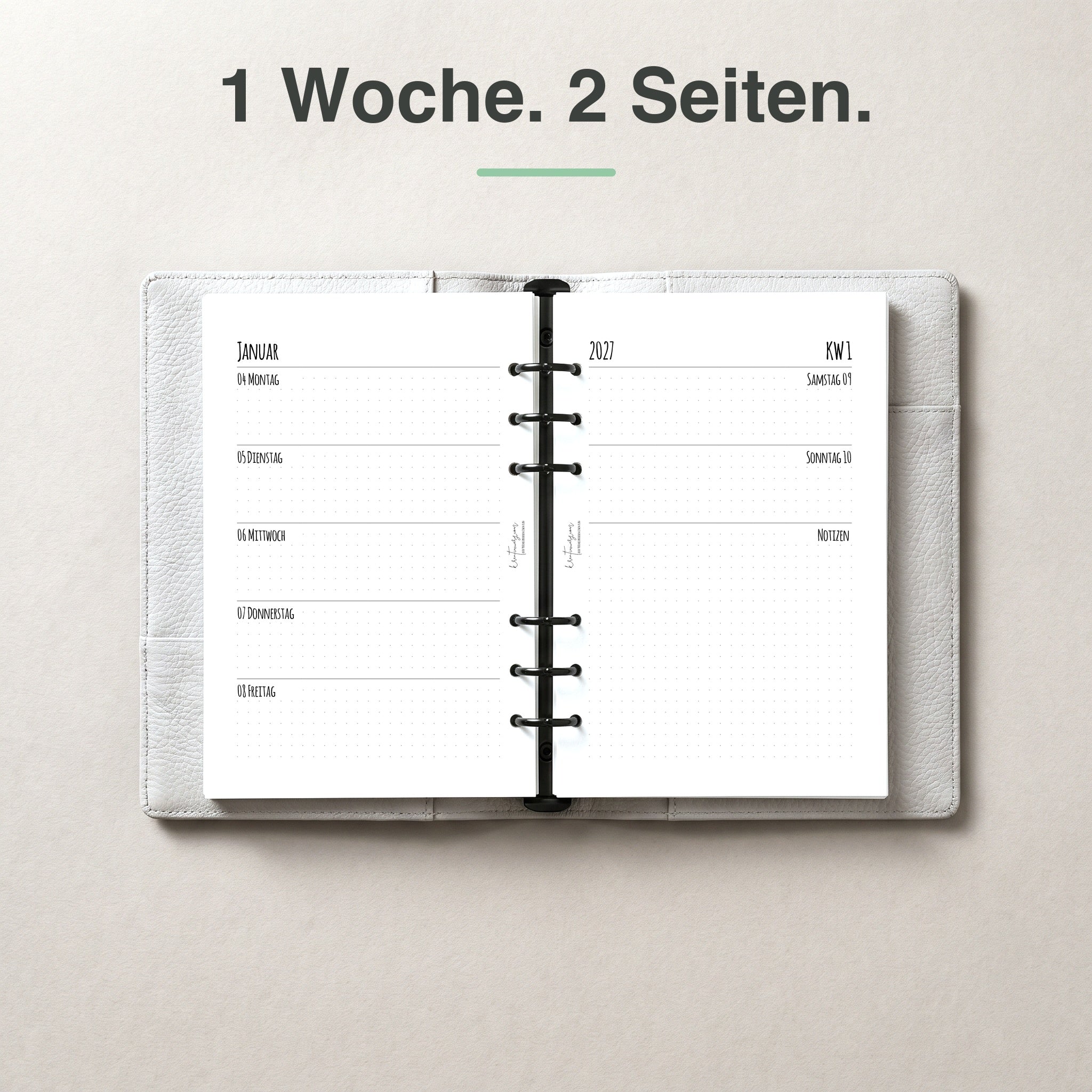 
A5 Kalendereinlage 1 Woche auf 2 Seiten, Dot Grid, im Ringbuch aufgeschlagen (Wochenende mit Notizfeld)