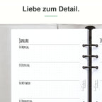 
Detail der A5-Kalendereinlage: Premiumpapier, Schnittkante und 6-fach-Lochung