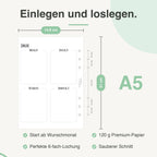 
Maße der A5-Kalendereinlage: 14,8 × 21 cm, 6-fach-Lochung – passend für Filofax und andere A5-Ringbücher