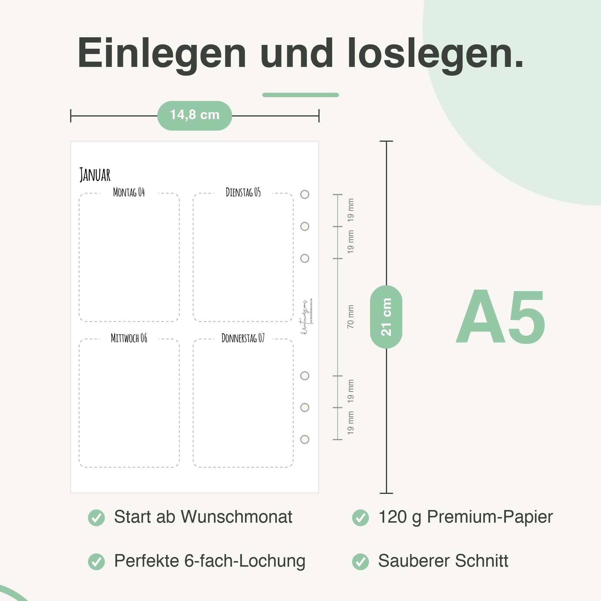 
Maße der A5-Kalendereinlage: 14,8 × 21 cm, 6-fach-Lochung – passend für Filofax und andere A5-Ringbücher