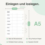 
Maße der A5-Kalendereinlage: 14,8 × 21 cm, 6-fach-Lochung – passend für Filofax und andere A5-Ringbücher