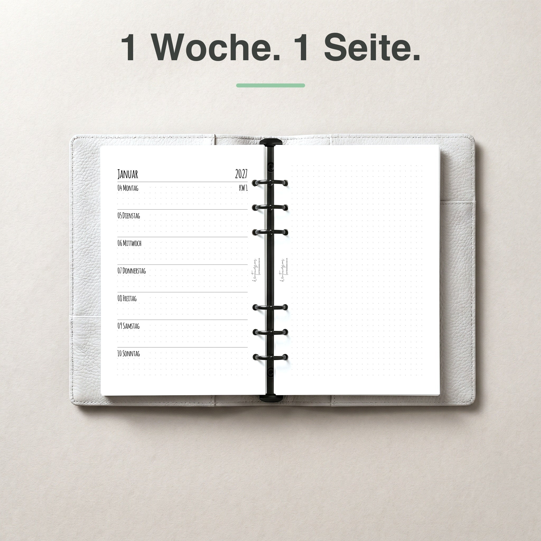 
A5 Kalendereinlage 1 Woche auf 1 Seite, Dot Grid, im Ringbuch aufgeschlagen