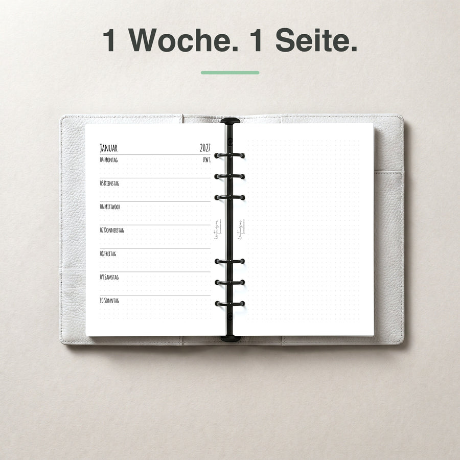 #groesse_a5 A5 Kalendereinlage 1 Woche auf 1 Seite, Dot Grid, im Ringbuch aufgeschlagen