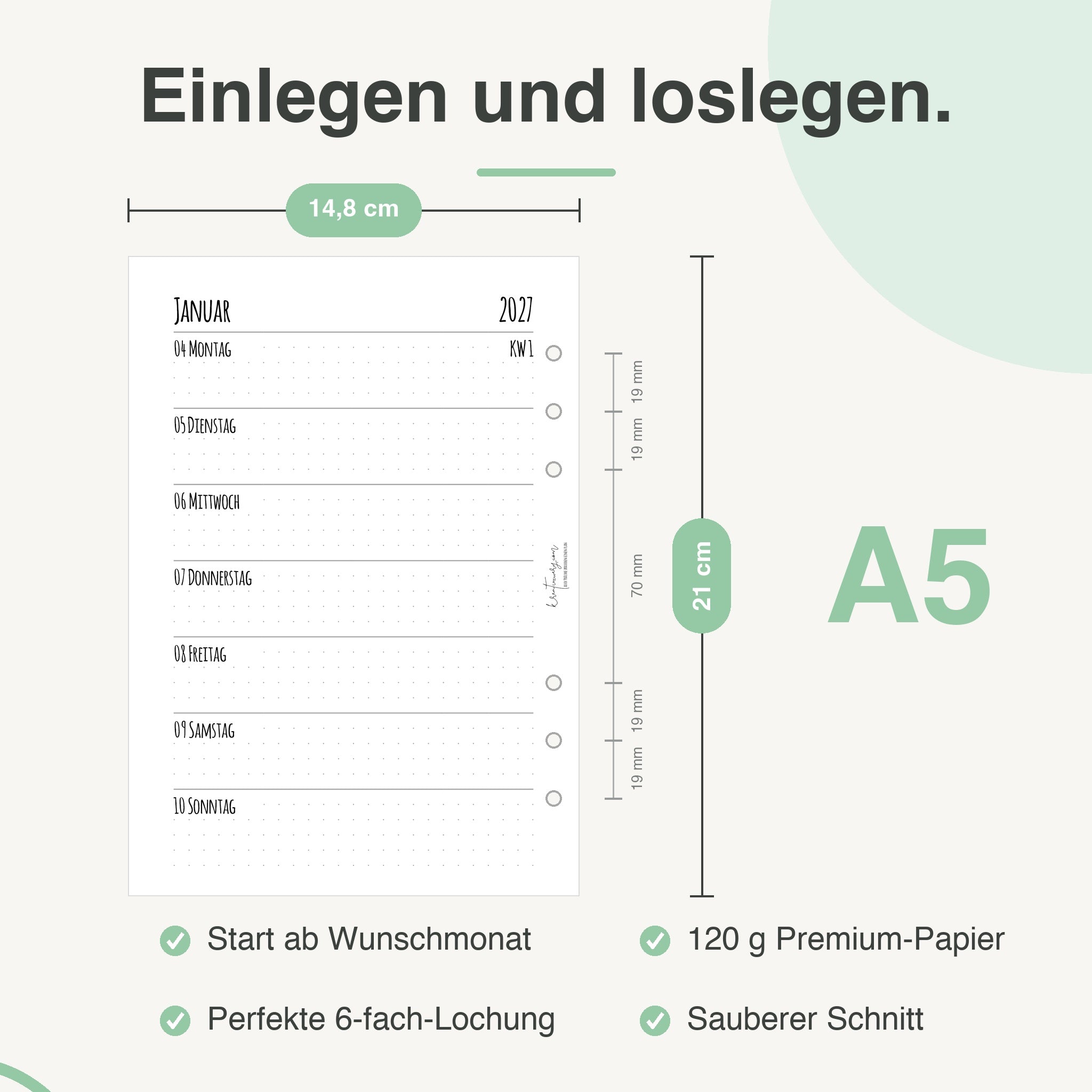 
Maße der A5-Kalendereinlage: 14,8 × 21 cm, 6-fach-Lochung – passend für Filofax und andere A5-Ringbücher