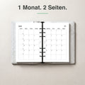 #groesse_a5 A5 Kalendereinlage 1 Monat auf 2 Seiten, im Ringbuch aufgeschlagen (Monatsübersicht)