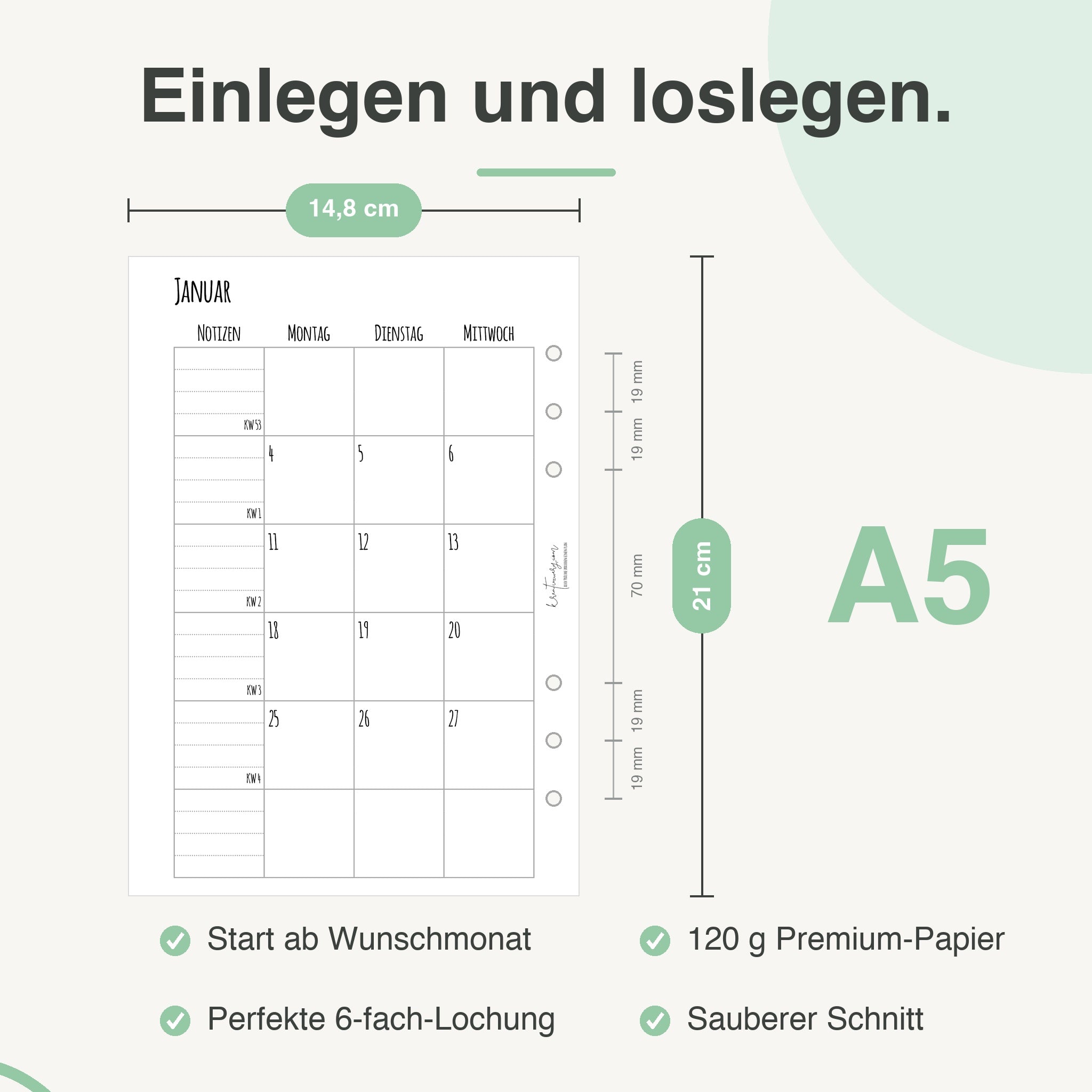 
Maße der A5-Kalendereinlage: 14,8 × 21 cm, 6-fach-Lochung – passend für Filofax und andere A5-Ringbücher