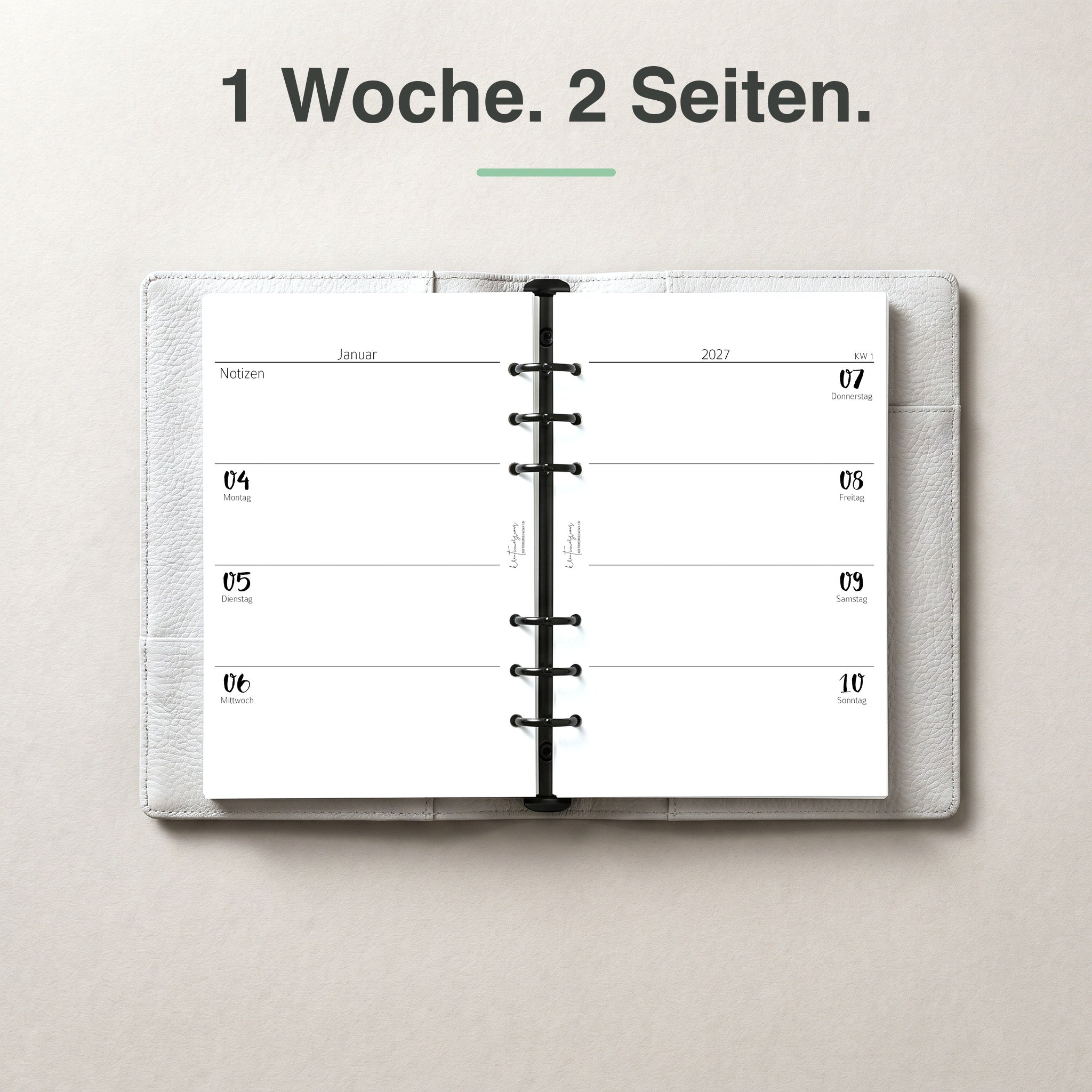 
A5 Kalendereinlage 1 Woche auf 2 Seiten, elfenbeinmädchen-Edition, im Ringbuch aufgeschlagen