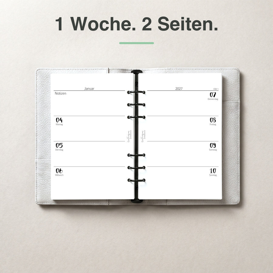 #groesse_a5 A5 Kalendereinlage 1 Woche auf 2 Seiten, elfenbeinmädchen-Edition, im Ringbuch aufgeschlagen