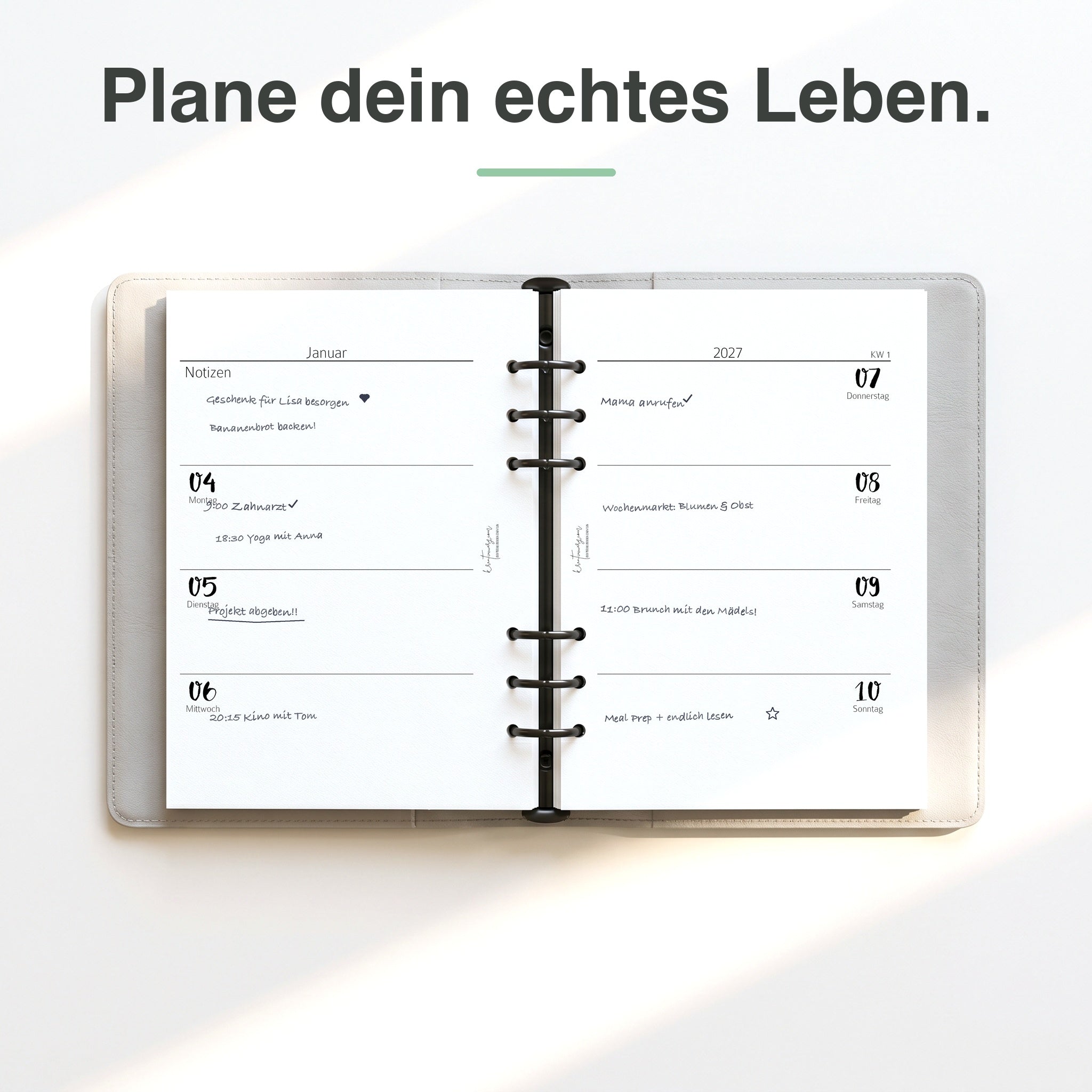 
A5 Kalendereinlage 1 Woche auf 2 Seiten elfenbeinmädchen-Edition, handschriftlich ausgefüllt