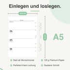 
Maße der A5-Kalendereinlage: 14,8 × 21 cm, 6-fach-Lochung – passend für Filofax und andere A5-Ringbücher