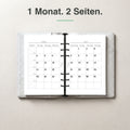 #groesse_a5 A5 Kalendereinlage 1 Monat auf 2 Seiten, elfenbeinmädchen-Edition, im Ringbuch aufgeschlagen