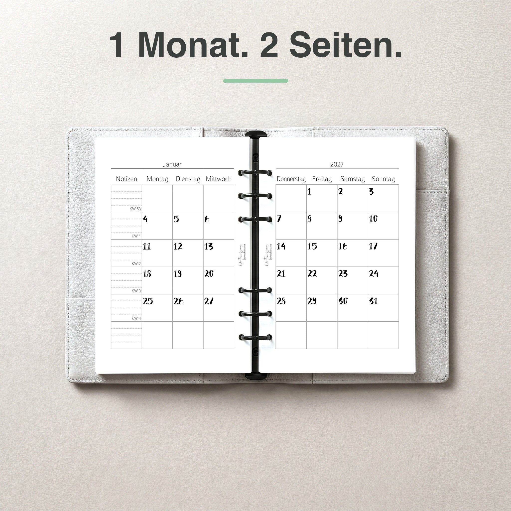 
A5 Kalendereinlage 1 Monat auf 2 Seiten, elfenbeinmädchen-Edition, im Ringbuch aufgeschlagen