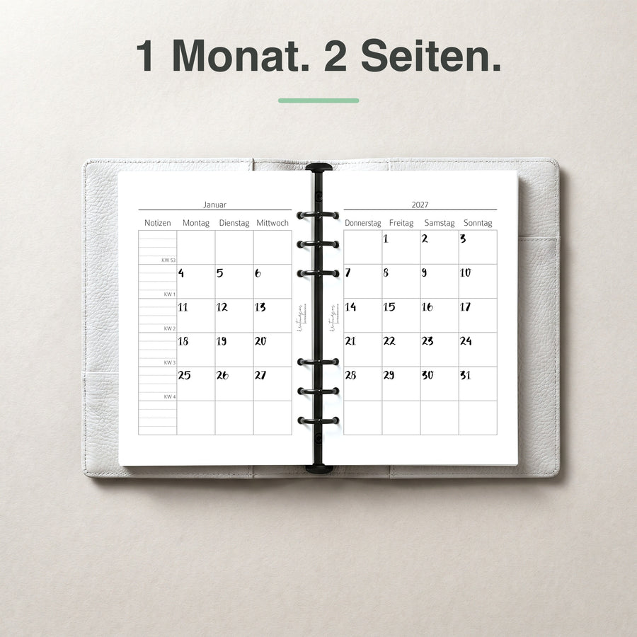 #groesse_a5 A5 Kalendereinlage 1 Monat auf 2 Seiten, elfenbeinmädchen-Edition, im Ringbuch aufgeschlagen