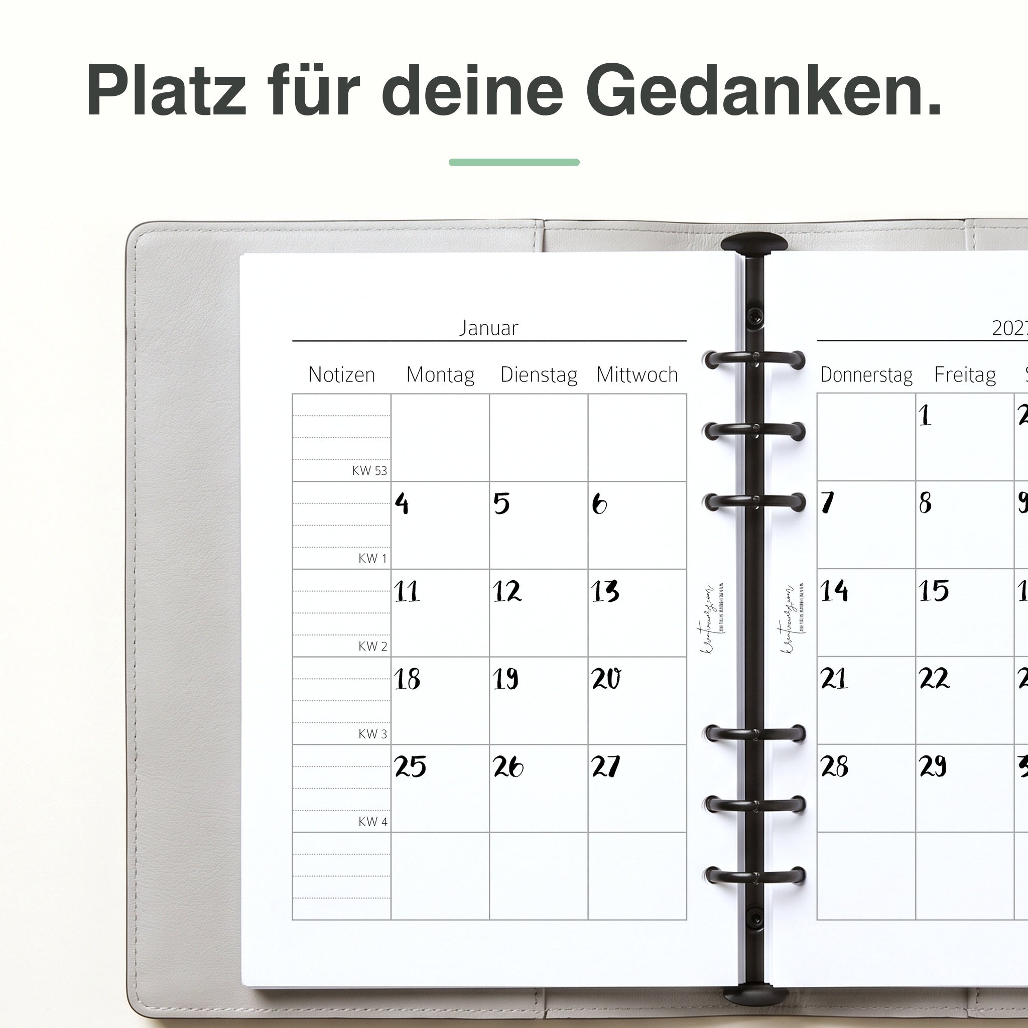 
Linke Seite der A5-Kalendereinlage 1 Monat auf 2 Seiten, elfenbeinmädchen-Edition