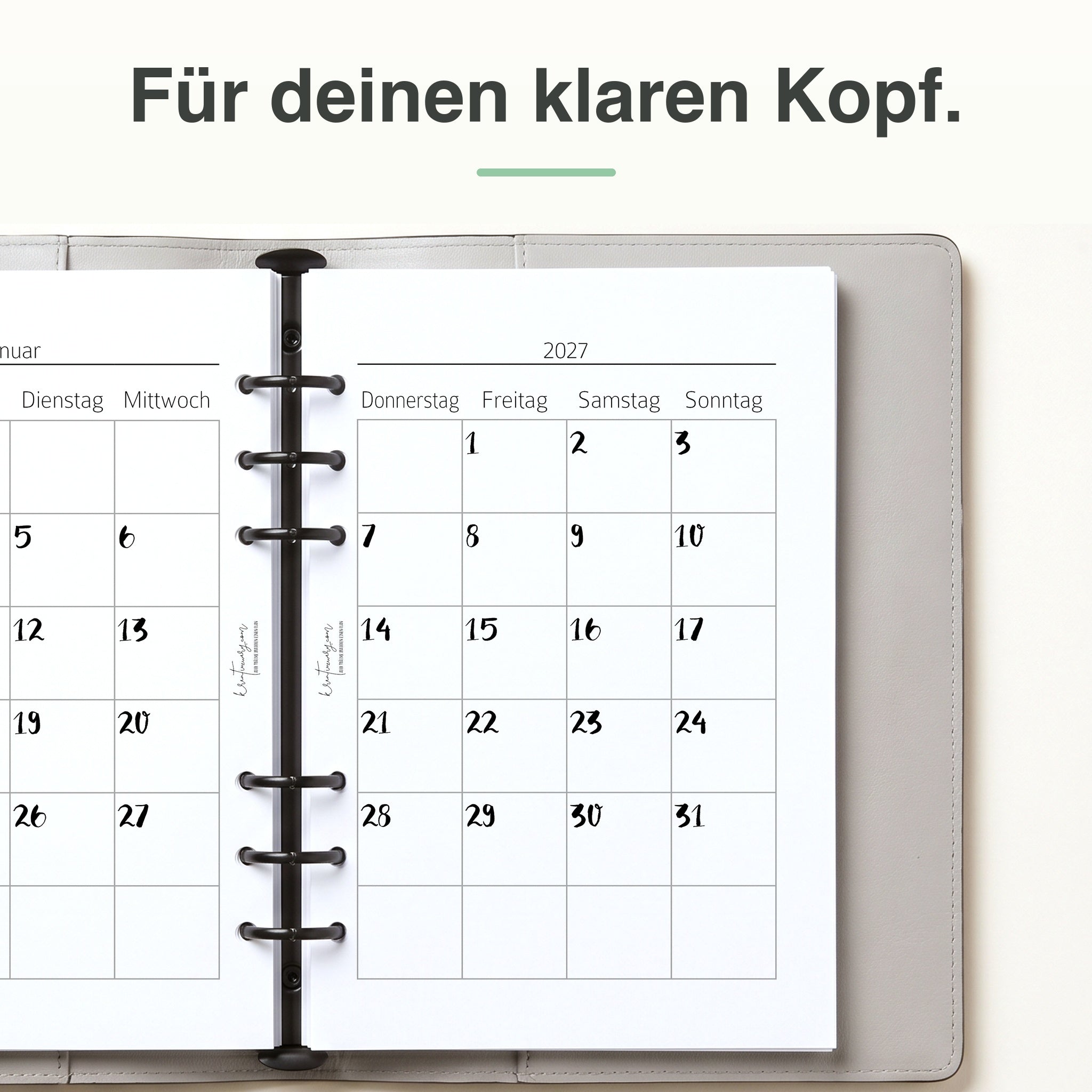 
Rechte Seite der A5-Kalendereinlage 1 Monat auf 2 Seiten, elfenbeinmädchen-Edition