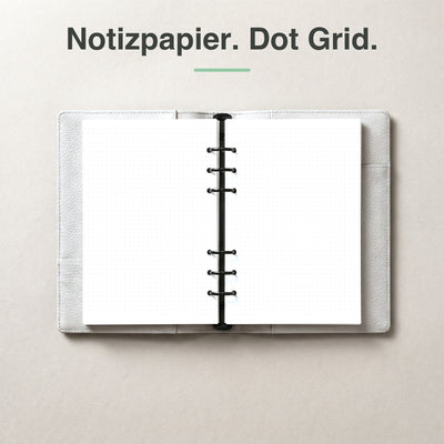 #groesse_a5 #lineatur_dot-grid A5 Notizpapier mit Punktraster (Dot Grid), aufgeschlagen im Ringplaner