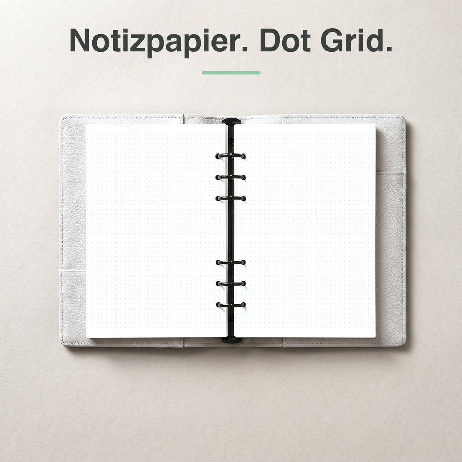#groesse_a5 #lineatur_dot-grid A5 Notizpapier mit Punktraster (Dot Grid), aufgeschlagen im Ringplaner