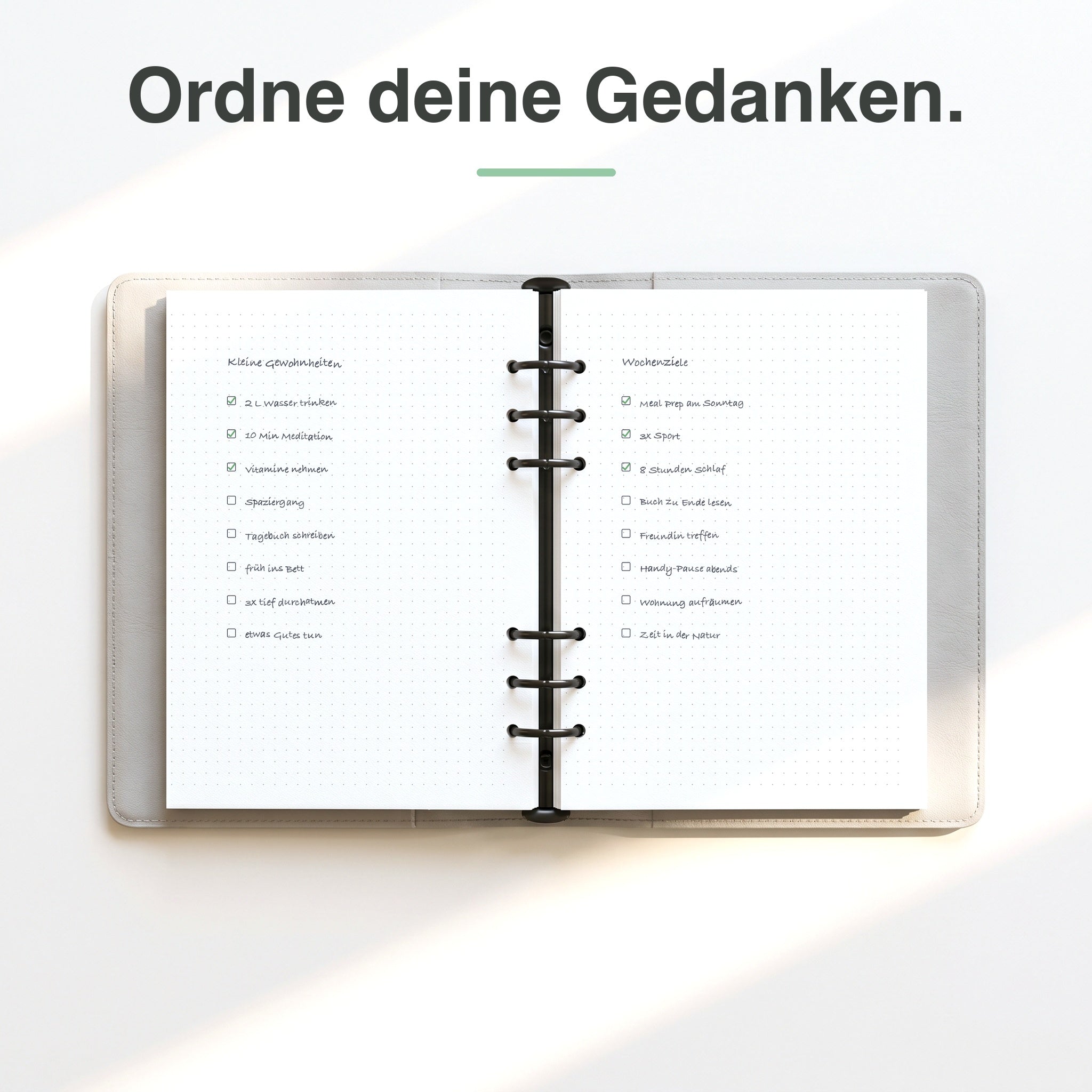 
A5 Dot-Grid-Notizpapier in Benutzung, handschriftlich beschrieben