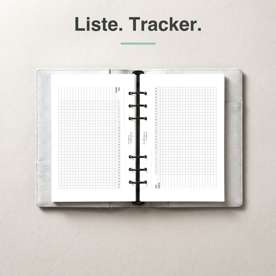 #groesse_a5 A5 Tracker-Liste undatiert, aufgeschlagen im Ringplaner