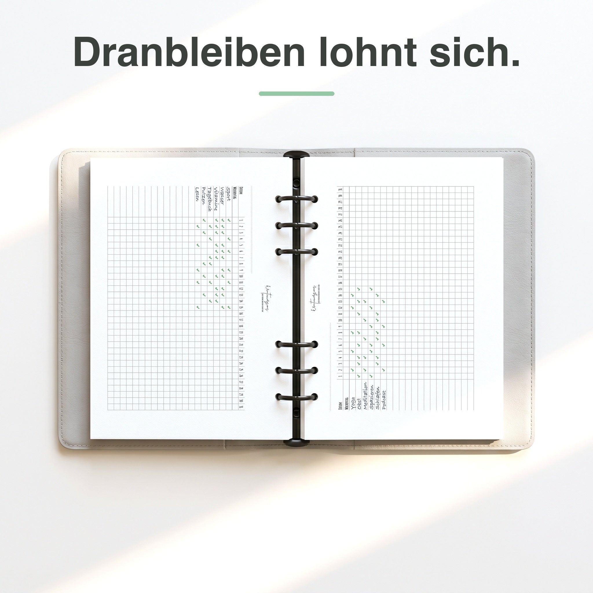 
A5 Tracker-Liste handschriftlich ausgefüllt, Gewohnheiten abgehakt