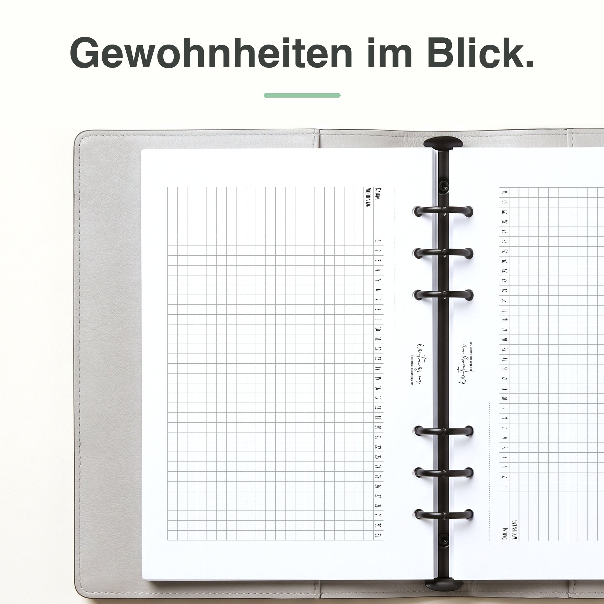 
A5 Tracker-Einlage, linke Seite mit Spalten zum Eintragen